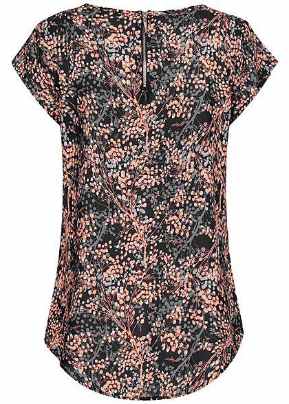 Fresh Lemons Dames korte Mouwen Structuur Blouse Boom Tree Print zwart roze