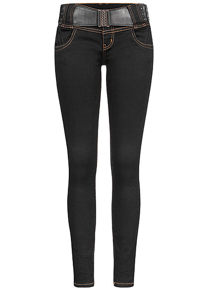 Seventyseven Lifestyle Damen Skinny Jeans Hose 4-Pockets inkl. Gürtel schwarz denim
