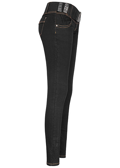 Seventyseven Lifestyle Damen Skinny Jeans Hose 4-Pockets inkl. Gürtel schwarz denim