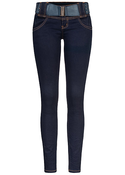 Seventyseven Lifestyle Damen Skinny Jeans Hose 4-Pockets inkl. Gürtel dunkel blau denim