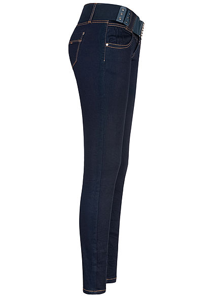 Seventyseven Lifestyle Damen Skinny Jeans Hose 4-Pockets inkl. Gürtel dunkel blau denim