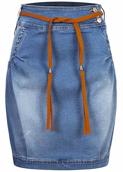 Seventyseven Lifestyle Damen Jeans Rock 4-Pockets Gürtel 3er Knopfleiste blau denim
