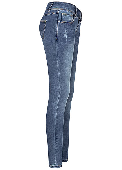 Seventyseven Lifestyle Damen Skinny Jeans Hose 5-Pockets Crash Optik hell blau denim