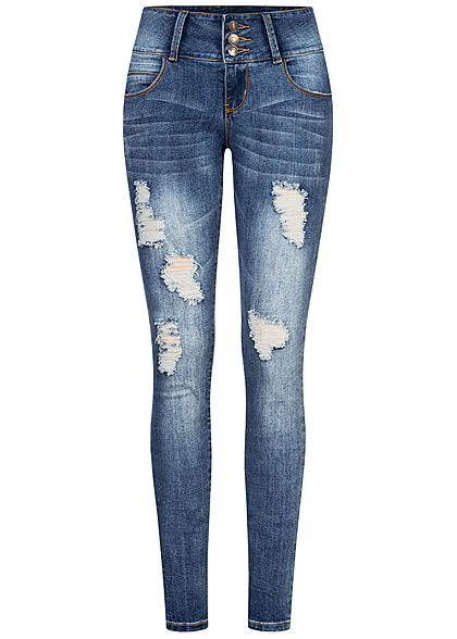 Seventyseven Lifestyle Dames Skinny Jeans Broek 5-Pockets Heavy Destroy medium blauw denim