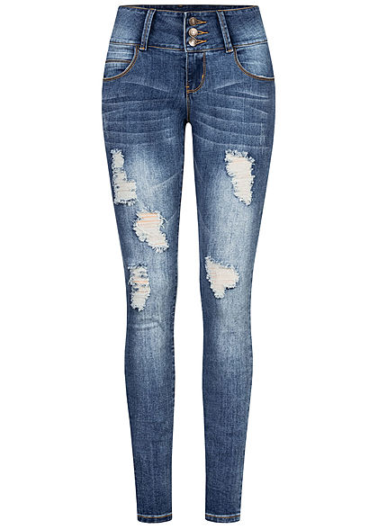 Seventyseven Lifestyle Damen Skinny Jeans Hose 5-Pockets Heavy Destroy medium blau den
