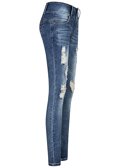 Seventyseven Lifestyle Damen Skinny Jeans Hose 5-Pockets Heavy Destroy medium blau den