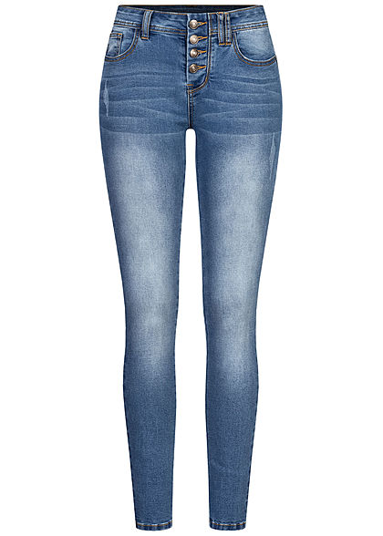 Seventyseven Lifestyle Damen Skinny Jeans Hose 5-Pockets Knopfleiste hell blau denim