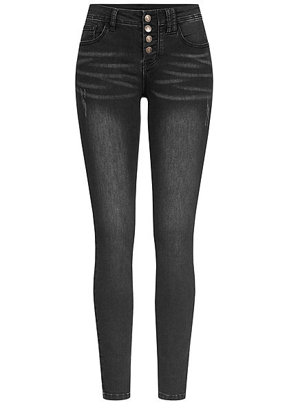 Seventyseven Lifestyle Damen Skinny Jeans Hose 5-Pockets Knopfleiste dirty wash schwarz