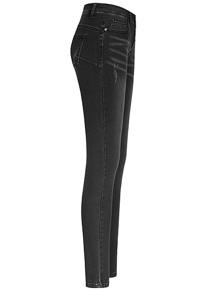 Seventyseven Lifestyle Damen Skinny Jeans Hose 5-Pockets Knopfleiste dirty wash schwarz