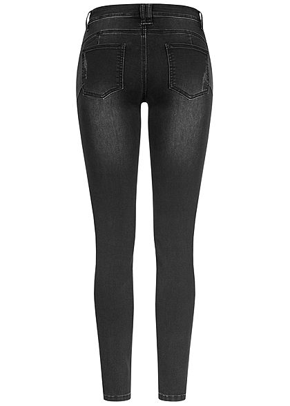 Seventyseven Lifestyle Damen Skinny Jeans Hose 5-Pockets Knopfleiste dirty wash schwarz