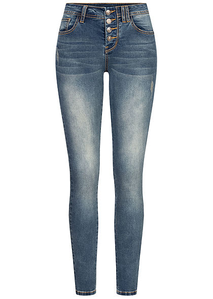 Seventyseven Lifestyle Damen Skinny Jeans Hose 5-Pockets Knopfleiste old blue denim
