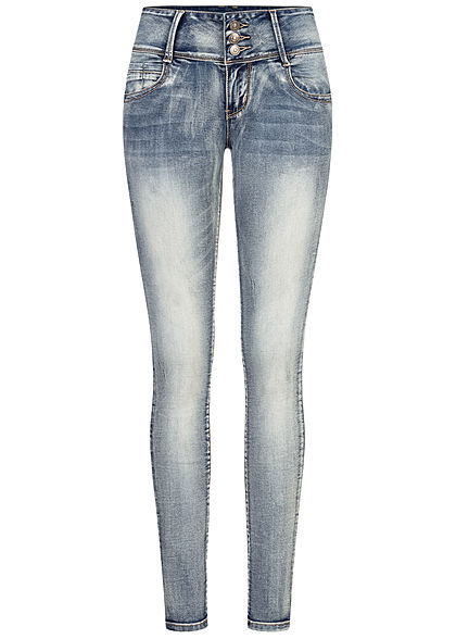 Seventyseven Lifestyle Damen Skinny Jeans Hose 5-Pockets breiter Bund dirty wash blau