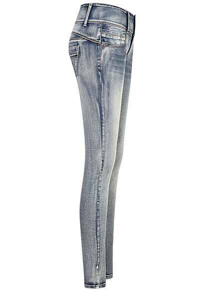 Seventyseven Lifestyle Damen Skinny Jeans Hose 5-Pockets breiter Bund dirty wash blau