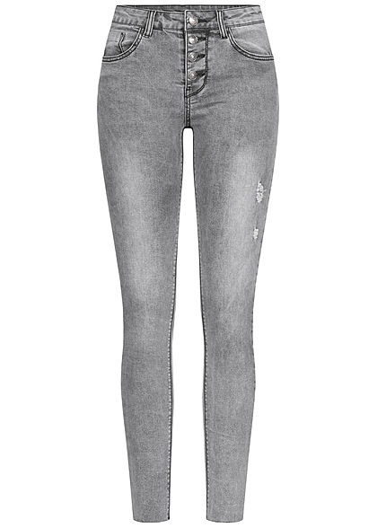 Seventyseven Lifestyle Damen Skinny Jeans Hose 5-Pockets Knopfleiste Destroy Look grau