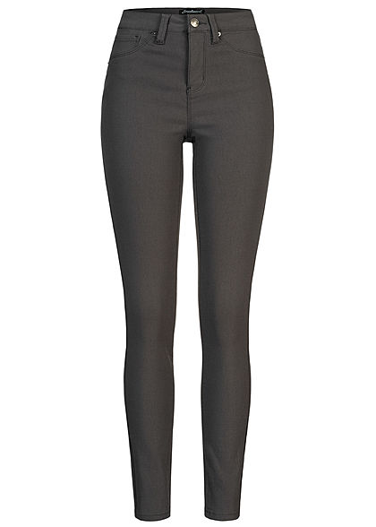 Seventyseven Lifestyle Damen Skinny Jeggings Hose 2 Deko Taschen High-Waist dunkel grau