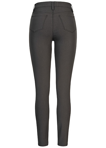 Seventyseven Lifestyle Damen Skinny Jeggings Hose 2 Deko Taschen High-Waist dunkel grau