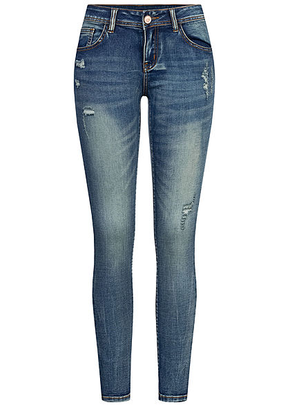 Seventyseven Lifestyle Damen Skinny Jeans Hose 5-Pockets Destroy Look blau denim