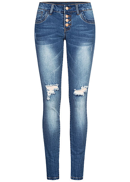 Seventyseven Lifestyle Damen Skinny Jeans Hose 5-Pockets Knopfleiste Destroy Look blau