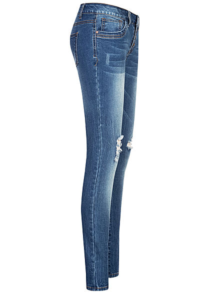 Seventyseven Lifestyle Damen Skinny Jeans Hose 5-Pockets Knopfleiste Destroy Look blau