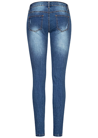 Seventyseven Lifestyle Damen Skinny Jeans Hose 5-Pockets Knopfleiste Destroy Look blau