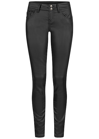 Seventyseven Lifestyle Damen Skinny Kunstleder Hose Regular Waist 5-Pockets coated schwarz