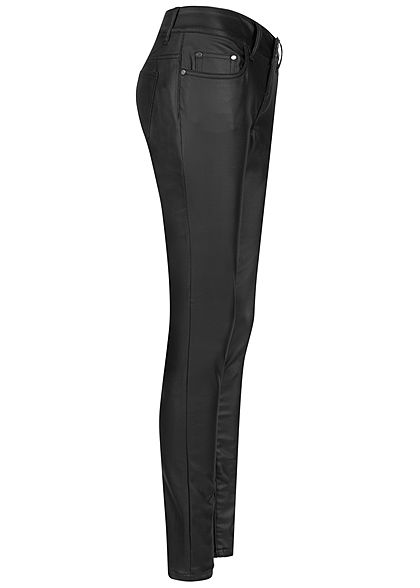 Seventyseven Lifestyle Damen Skinny Kunstleder Hose Regular Waist 5-Pockets coated schwarz