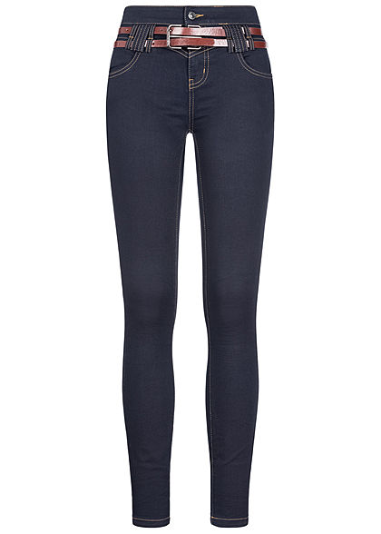 Seventyseven Lifestyle Damen Skinny Jeans Hose 5-Pockets Gürtel dunkel blau denim