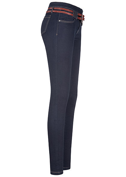 Seventyseven Lifestyle Damen Skinny Jeans Hose 5-Pockets Gürtel dunkel blau denim