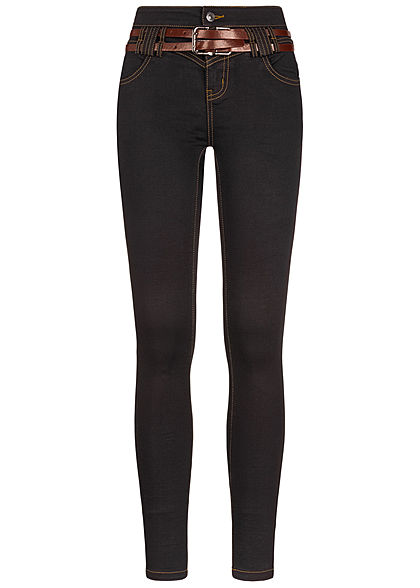 Seventyseven Lifestyle Damen Skinny Jeans Hose 5-Pockets Gürtel schwarz denim