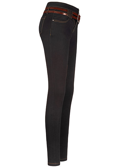 Seventyseven Lifestyle Damen Skinny Jeans Hose 5-Pockets Gürtel schwarz denim