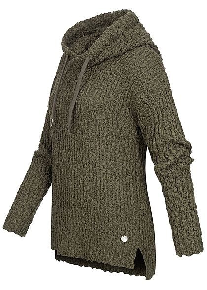 Seventyseven Lifestyle Damen Grobstrickpullover mit Kapuze dusty oliv grün