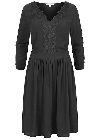 Tom Tailor Damen V-Neck Mini 3/4 Arm Krepp Kleid mit Spitzendetails tief schwarz - Art.-Nr.: 20120448