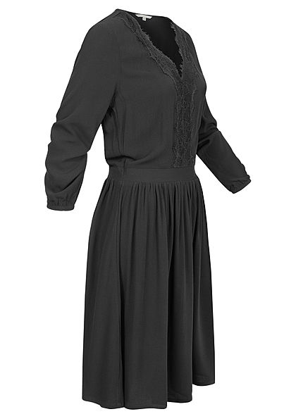 Tom Tailor Damen V-Neck Mini 3/4 Arm Krepp Kleid mit Spitzendetails tief schwarz