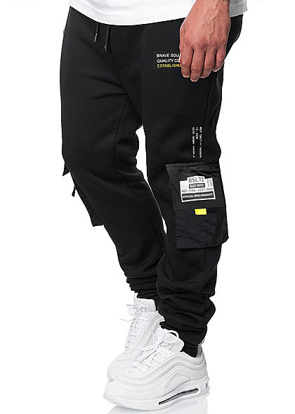 Brave Soul Herren Cargo Sweat Pants Jogginghose 4-Pockets Tunnelzug schwarz