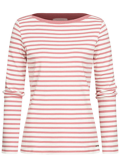 Tom Tailor Damen Langarmshirt mit Streifen Muster U-Boot Ausschnitt rosa weiss