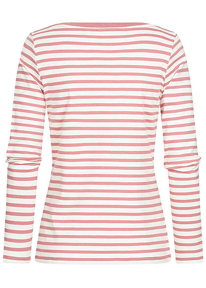 Tom Tailor Damen Langarmshirt mit Streifen Muster U-Boot Ausschnitt rosa weiss