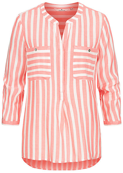 Tom Tailor Damen V-Neck Bluse Streifen Muster 2 Brusttaschen peach rosa weiss