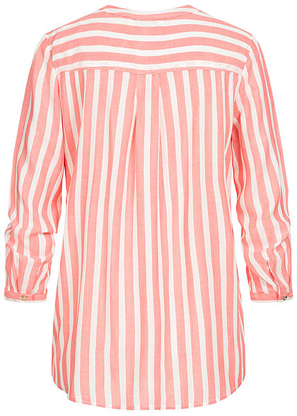 Tom Tailor Damen V-Neck Bluse Streifen Muster 2 Brusttaschen peach rosa weiss
