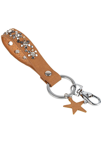 Hailys Damen Fashion Keyring Schlüsselanhänger Deko Nieten Blumen Muster Stern braun