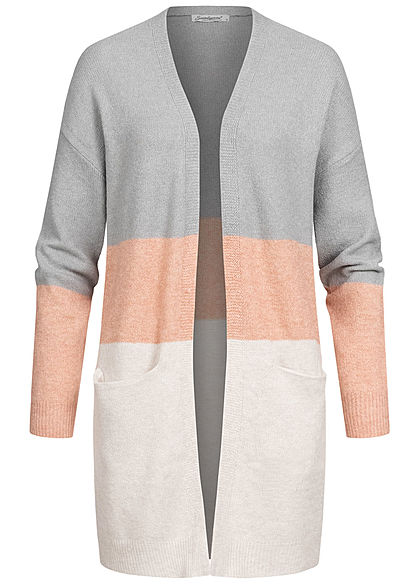 Seventyseven Lifestyle Dames Colorblock Cardigan Strepen 2-Pockets grijs roze beige