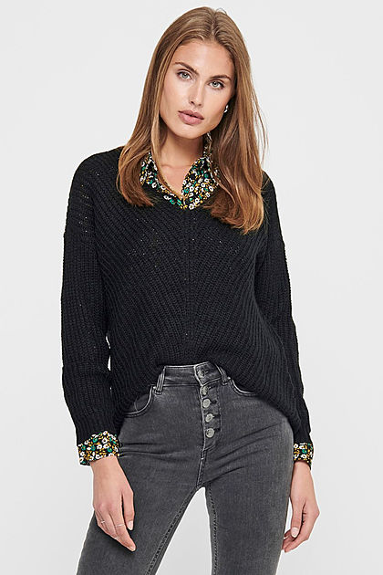 JDy by ONLY Dames NOOS Oversized V-Neck gebreide Trui zwart