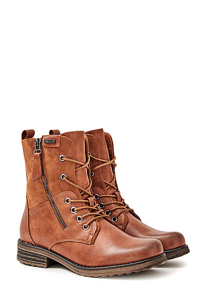 Seventyseven Lifestyle Dames Schoen Kunstleer Worker Boots Zipper aan de zijkant camel bruin
