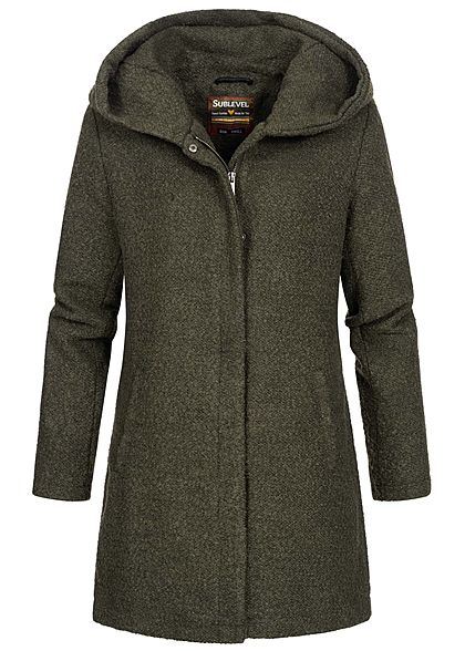 Sublevel Dames Boucle Coatigan Jas Kap 2-Pockets ivy olijfgoen melange