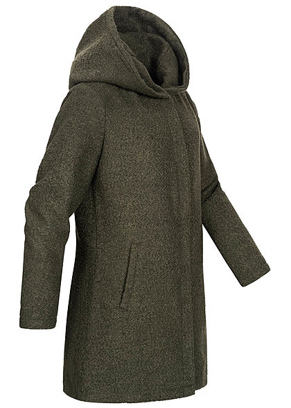 Sublevel Dames Boucle Coatigan Jas Kap 2-Pockets ivy olijfgoen melange