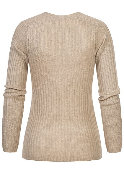 Sublevel Dames Ribbed V-hals gebreide Trui string beige melange