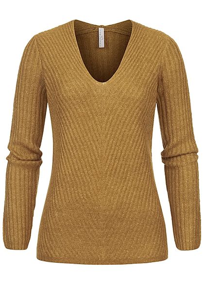 Sublevel Dames Ribbed V-hals gebreide Trui dried tobacco bruin melange