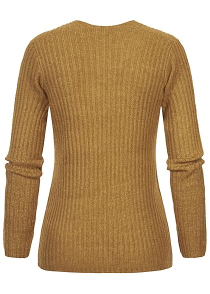 Sublevel Dames Ribbed V-hals gebreide Trui dried tobacco bruin melange
