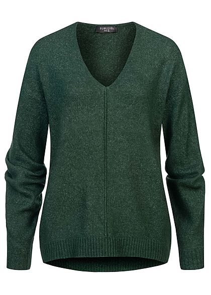 Sublevel Dames V-hals Gebreide Sweater met geribbelde boorden sea moss donkergroen melange