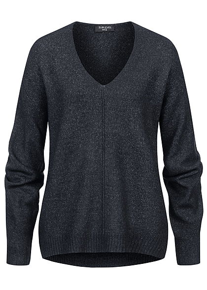 Sublevel Dames V-hals Gebreide Sweater met geribbelde boorden night navy blauw melange