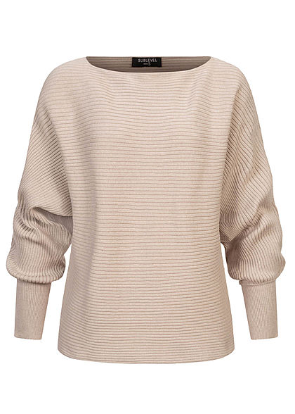 Sublevel Dames Ribbed Trui met vleermuismouwen en knoopjes op de mouw sand beige